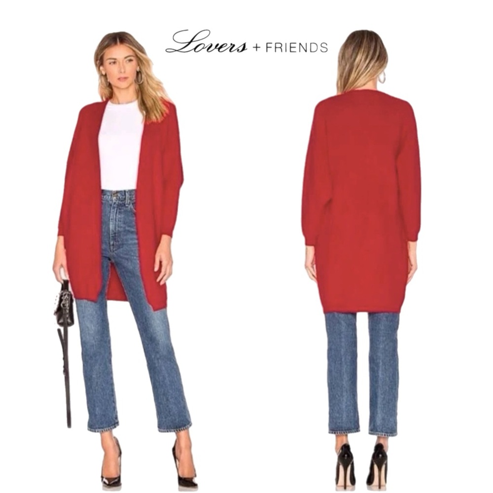 Lovers + Friends M Sweater Red Ribbed Cardigan Oversized Open Front Cozy Office